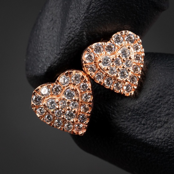 Honey Comb Set 925 Sterling Silver Women’s 14K Rose GoldHeart Stud Earrings - Picture 1 of 5
